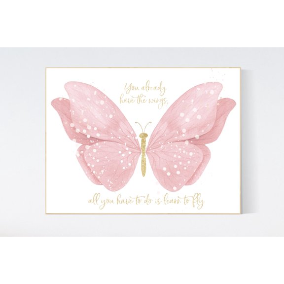Butterfly Nursery Art Print Blush Pink & Gold Decor
