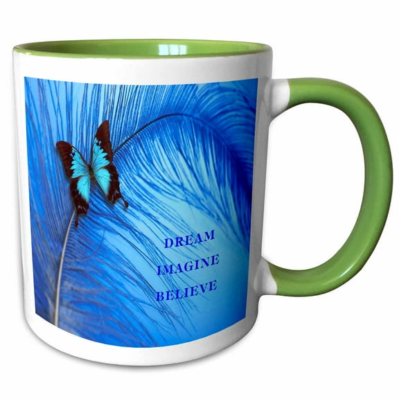 3drose, Butterfly on Blue Feathers, 11oz Two-tone Green Mug