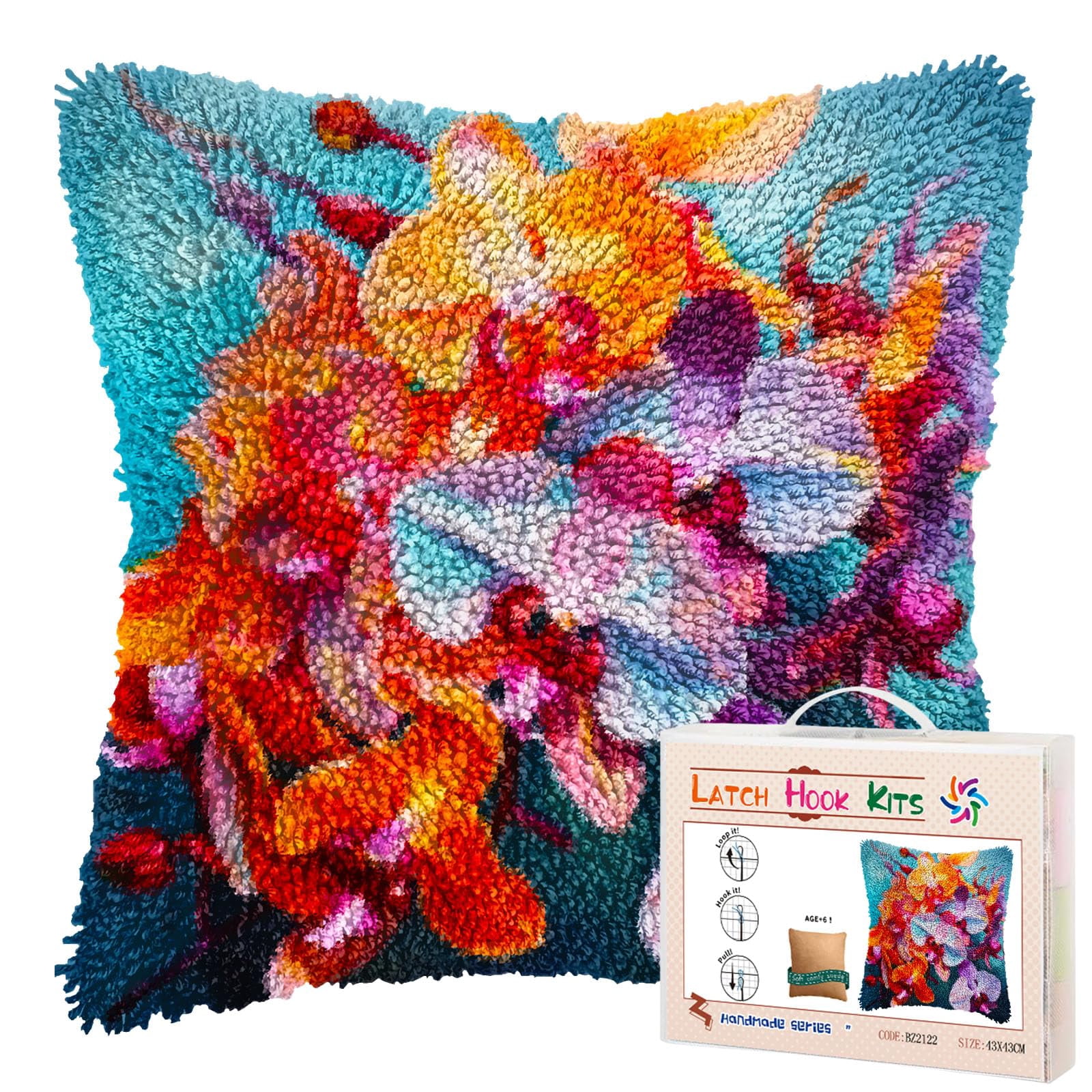 Butterfly Orchid Flowers DIY Latch Hook Pillow Kits for Adults Printed Pillowcase Crochet Yarns Hooking Handmade Pillow Cover Cushion for Home Sofa Decoration 17x17inch