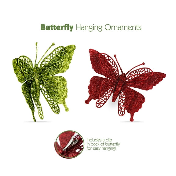 Butterfly Ornament Clips, Shatterproof Christmas Tree Ornaments Green And Red, Butterfly Decoration For Home, Party, Wedding, Or Holiday Dcor (Red, Green)
