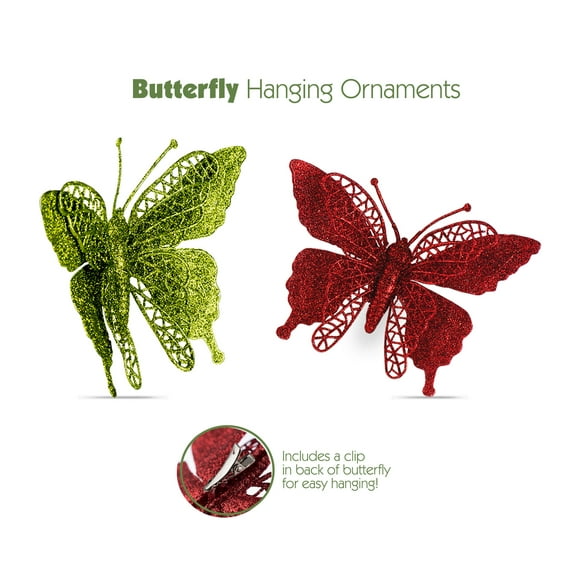 Butterfly Ornament Clips, Shatterproof Christmas Tree Ornaments Green And Red, Butterfly Decoration For Home, Party, Wedding, Or Holiday Dcor (Red, Green)