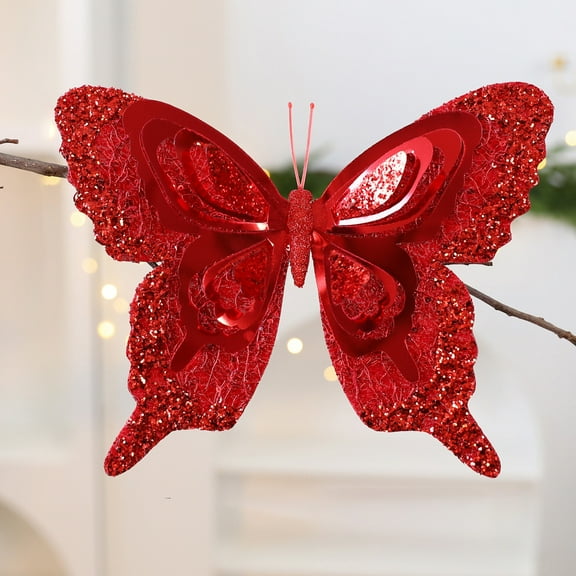 Butterfly Ornaments for Christmas Tree,Christmas Decor,Christmas Simulation Ornaments Christmas Scene Arrangement Sequins Christmas Tree Decoration Fake Butterflies(Red 10in 1pc)