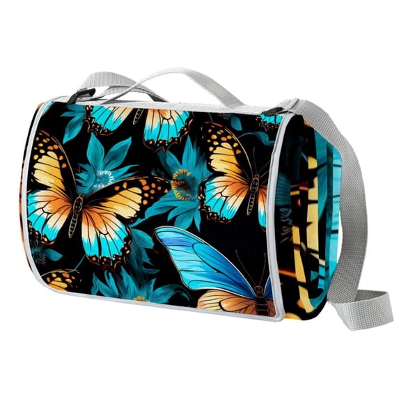 Butterfly Outdoor Canvas Picnic Blanket Lightweight Foldable Waterproof Beach Mat with Carrying Strap and Pocket - Camping, Hiking, and Picnics!