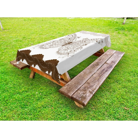 Butterfly Outdoor Tablecloth, Butterfly Artwork with Swirled Wings Vintage Ornate Fashion Style Print, Decorative Washable Fabric Picnic Tablecloth, 58 X 120 Inches, Brown Grey White, by Ambesonne
