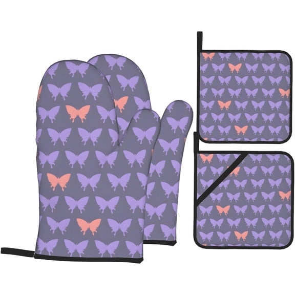 Butterfly Oven Mitts and Pot Holders 4 Pcs Sets for Kitchen, Cooking Gloves Heat Resistant Oven Mitt Gloves Non Slip Potholders BBQ Gloves for Baking, Grilling, BBQ