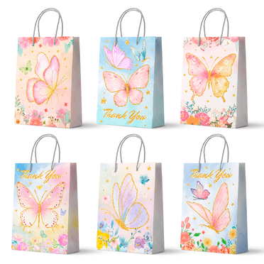 16 Blue Butterfly Party Favor Bags - Kraft Paper Goodie Bags For Birthday Parties & Events