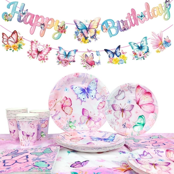 Butterfly Party Supplies, 66pcs Butterfly Birthday Tablewares - Pink Plates Napkins Cups Tablecloth Banner for Party Decorations