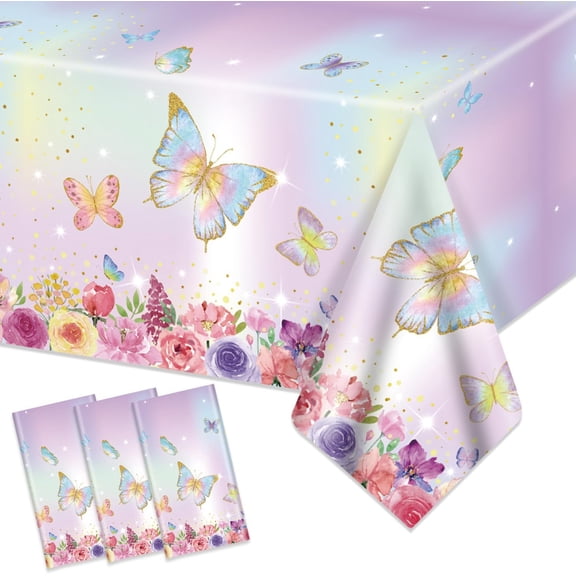 Butterfly Party Tablecloth Table Cover 54 X 108 Inch Plastic Rectangle Tablecloth Floral Fairy Birthday Baby Shower Princess Party Decorations 3 PCS