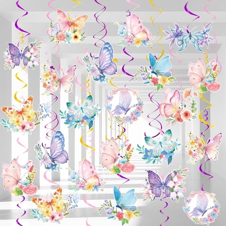 Butterfly Hanging Swirls - 54 Pcs Butterfly Themed Swirls, Butterfly Floral Hanging Swirl & Butterfly Hanging Ceiling Swirl for Butterfly Birthday Decorations & Butterfly Party Decorations