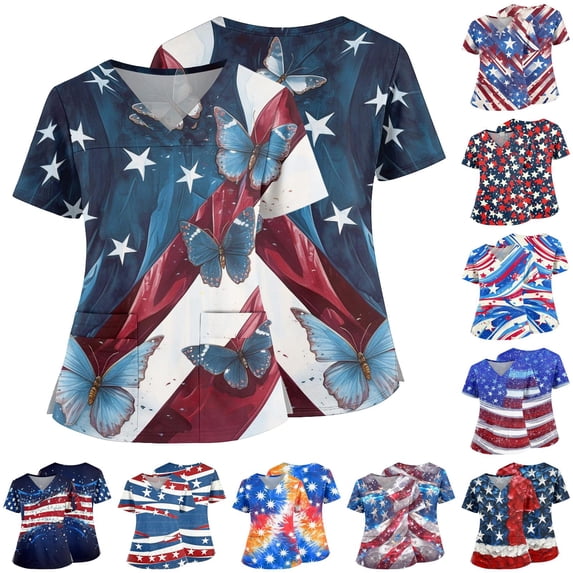 Butterfly Patriotic Scrubs Top for Women - 4th of July Star Spangled V-Neck Nursing Uniform with Pockets, USA 250th Anniversary Artistic Print Tunic Light Blue L