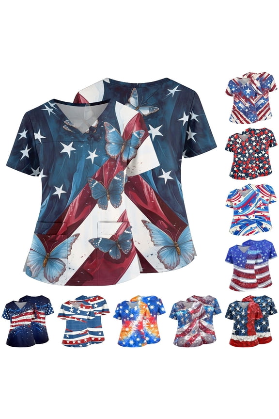 Butterfly Patriotic Scrubs Top for Women - 4th of July Star Spangled V-Neck Nursing Uniform with Pockets, USA 250th Anniversary Artistic Print Tunic Navy M