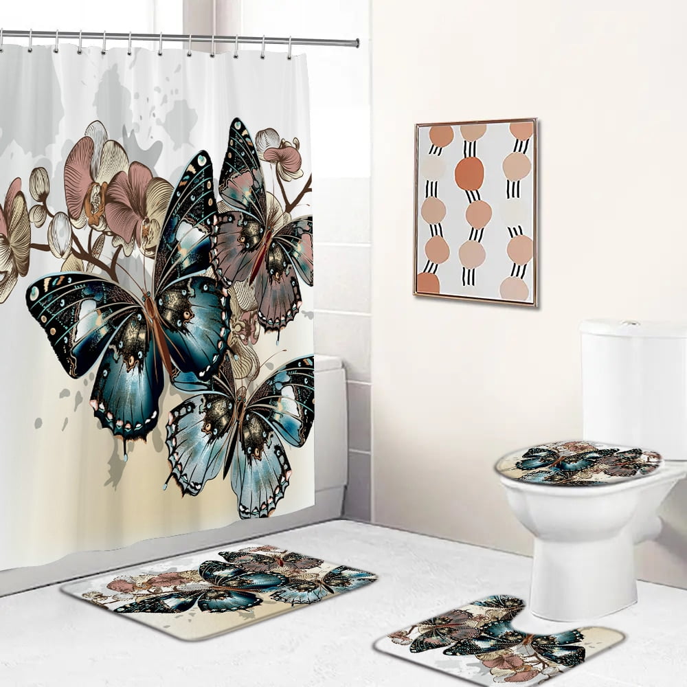 Butterfly Pattern Bathroom Curtains NonSlip Rug Toilet Lid Cover Mat