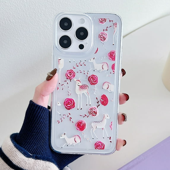 Butterfly Pattern Case for iPhone 14 Plus, Clear Phone Case Cute Pattern for Women Girls Case, Non-Yellowing Shockproof Scratch Resistant Slim Cover for iPhone 14 Plus, Flower&Deer-F