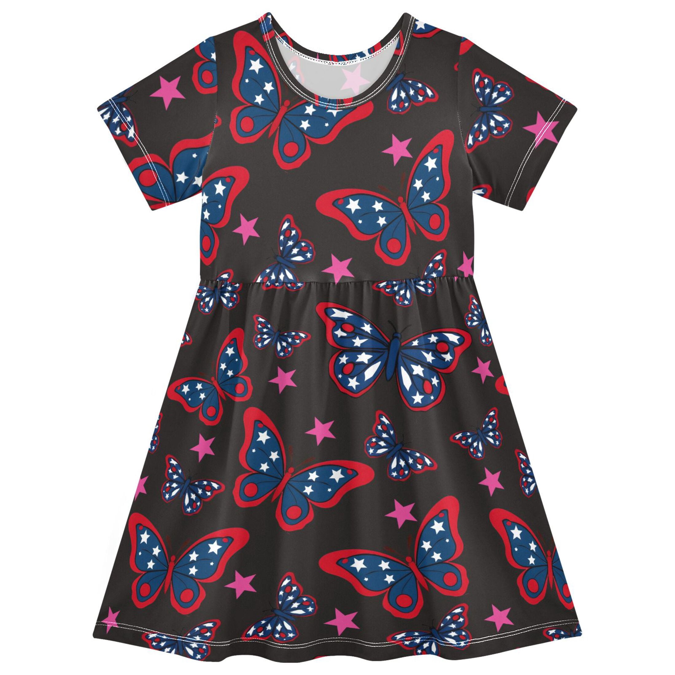 Butterfly Pattern Girls Short Sleeve Dress A Line Sun Protection ...