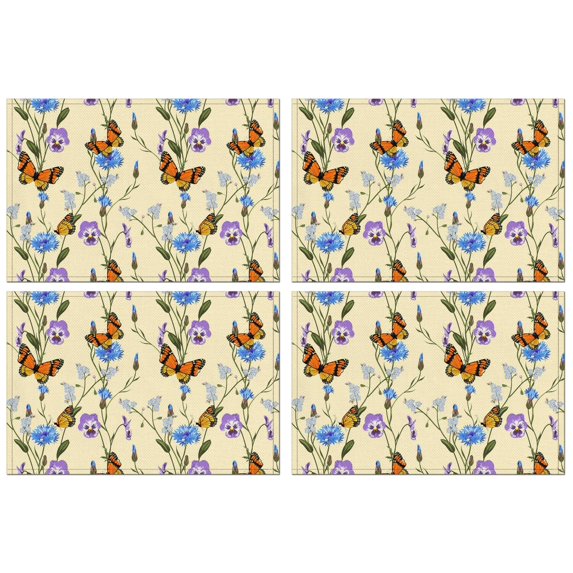 Butterfly Pattern Heat Resistant Flax Table Mats for Dining, Wrinkle Free Machine Washable Place Mats with Colorful Tropical Floral Artistic Design, Cute Aesthetic Style for Butterfly Lover, Set of 4