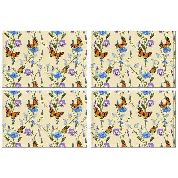 Butterfly Pattern Heat Resistant Flax Table Mats for Dining, Wrinkle Free Machine Washable Place Mats with Colorful Tropical Floral Artistic Design, Cute Aesthetic Style for Butterfly Lover, Set of 4