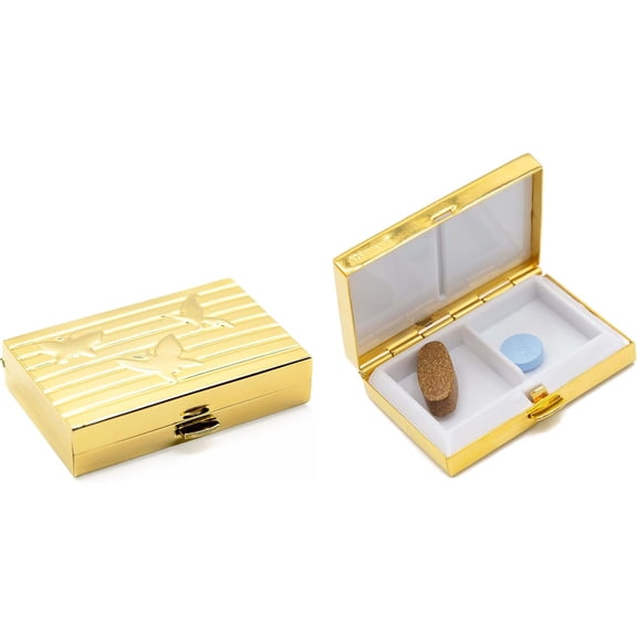 Set of 2 Rectangular-Shaped Pocket Purse Pill Box & Organizer With Dual Compartments (Gold Butterflies)