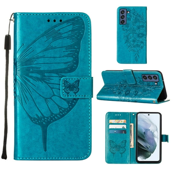 Butterfly Pattern Wallet Case for Samsung Galaxy S21 FE 6.4 Inch, Flower Pattern Design Luxury PU Leather Anti-Drop Magnetic Clasp Flip Folio Case with Card Slots Stand Wrist Strap Phone Cover,Blue
