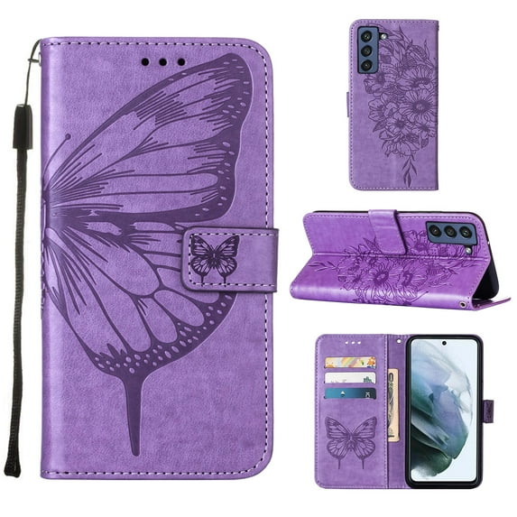 Butterfly Pattern Wallet Case for Samsung Galaxy S21 FE, Flower Pattern Design Luxury PU Leather Anti-Drop Magnetic Clasp Flip Folio Case with Card Slots Stand Wrist Strap Phone Cover,Lightpurple