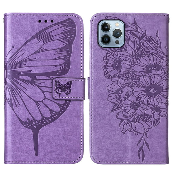 Butterfly Pattern Wallet Case for iPhone 14 Pro, PU Leather Soft TPU Shockproof Anti-Drop Flip Folio Case with Wrist Strap Stand Magnetic Clasp Card Slots Phone Cover for iPhone 14 Pro,Lightpurple