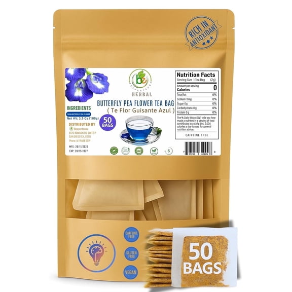 Bexperts Butterfly Pea Flower Tea Bags, Vibrant Blue, Antioxidant-Rich, 50 Count, 2g Each