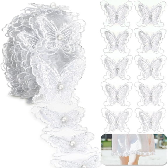 Butterfly Pearl Organza Lace Trim White Butterfly Embroidered Applique Lace Ribbon Knitting Embroidered Handmade Patchwork Wedding Ribbon Sewing Supplies Craft,White,4 Yards,6*4cm/2.4*1.6in