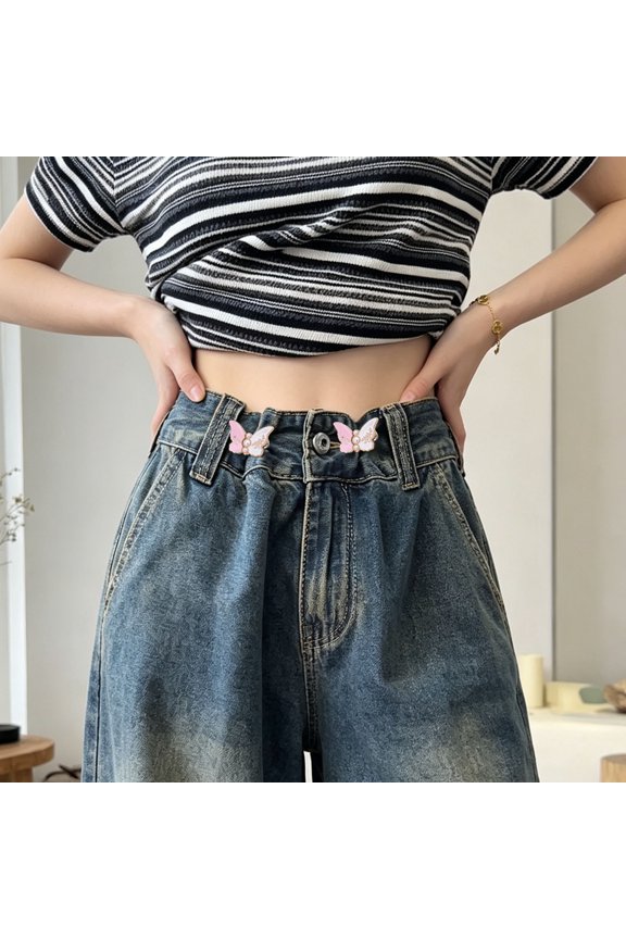 Butterfly Pearl Pant Waist Tightener - No-Sew Adjustable Button Pins for Loose Jeans & Skirts - Reversible Waist Buckle Clips for Men Women(Pink&White)