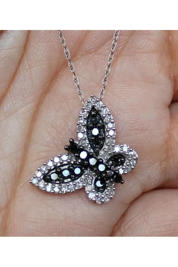 Butterfly Pendant Lab Created Black Diamond 2 Ct Round Cut 14K White Gold Plated For Women's Free Chain 18"