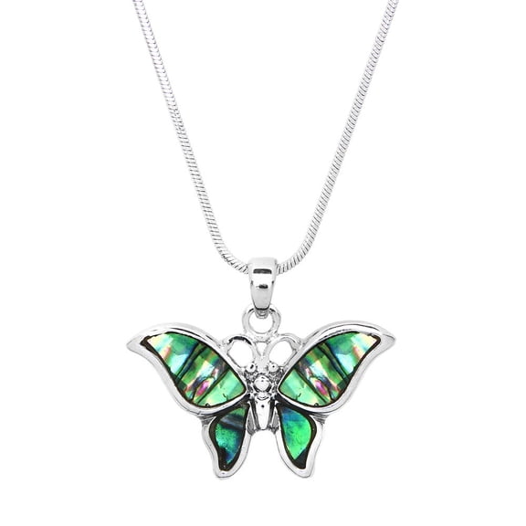 Butterfly Pendant Necklace Abalone Shell Rhodium Plated 17 Inch Snake Chain J0839