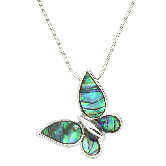 Butterfly Pendant Necklace Abalone Shell Rhodium Plated 17 Inch Snake Chain J0908