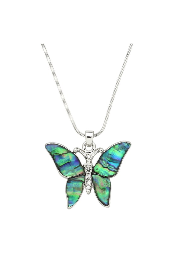 Butterfly Pendant Necklace Earring Bracelet Abalone Shell Rhinestone Crystal Rhodium Plated 17 Inch Snake Chain J1026