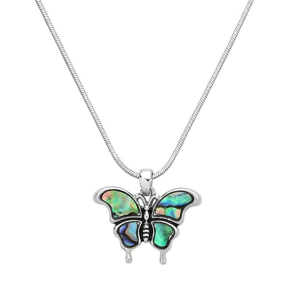 Butterfly Pendant Necklace Green Abalone Shell Rhodium Plated 17 Inch Snake Chain J1147