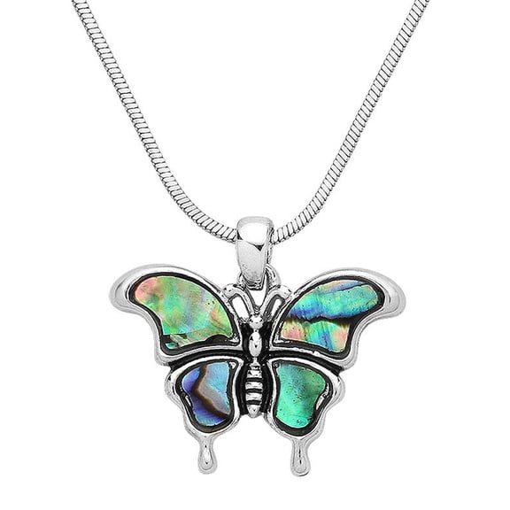Butterfly Pendant Necklace Green Abalone Shell Rhodium Plated 17 Inch Snake Chain J1147