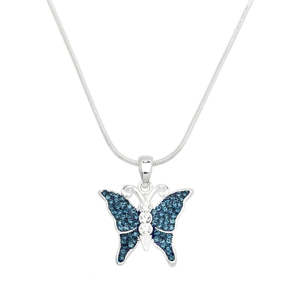 Butterfly Pendant Necklace Rhinestone Crystal Rhodium High Polished J0183