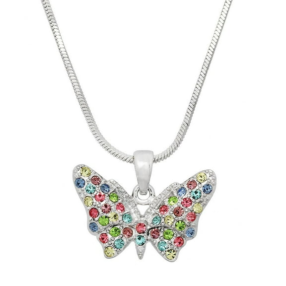 Butterfly Pendant Necklace Rhinestone Crystal Rhodium Plated 17 Inch Snake Chain J0417-MT