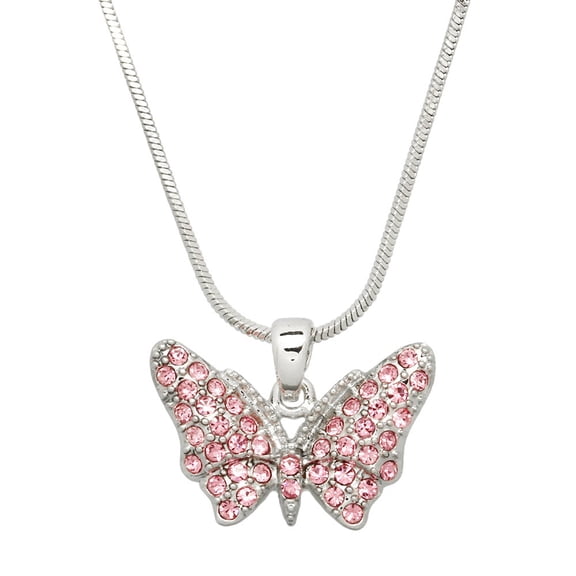 Butterfly Pendant Necklace Rhinestone Crystal Rhodium Plated 17 Inch Snake Chain J0417-PK