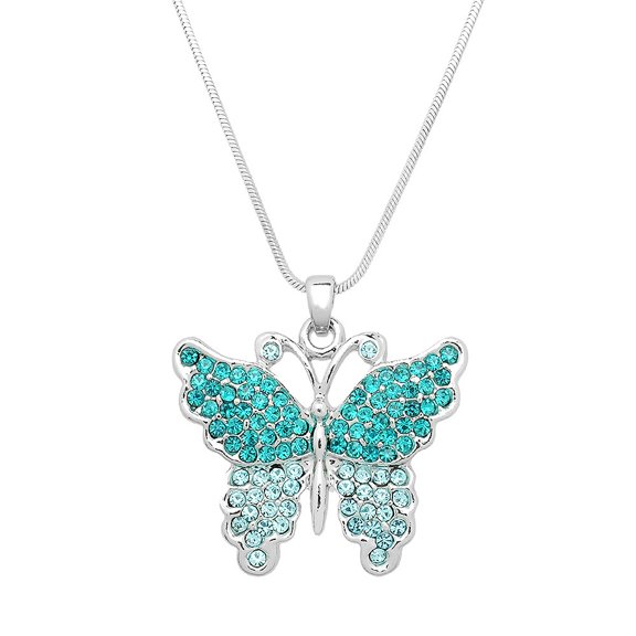 Butterfly Pendant Necklace Rhinestone Crystal Rhodium Plated 17 Inch Snake Chain J0549-AQ