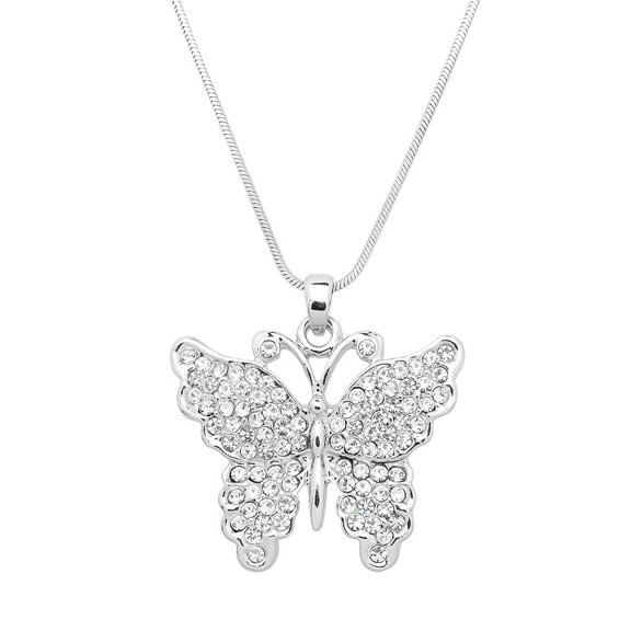 Butterfly Pendant Necklace Rhinestone Crystal Rhodium Plated 17 Inch Snake Chain J0549-CR