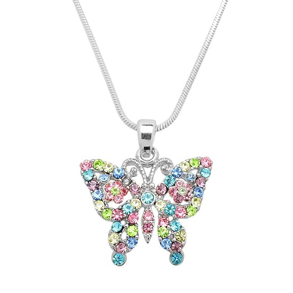 Butterfly Pendant Necklace Rhinestone Crystal Rhodium Plated 17 Inch Snake Chain J0575-MT