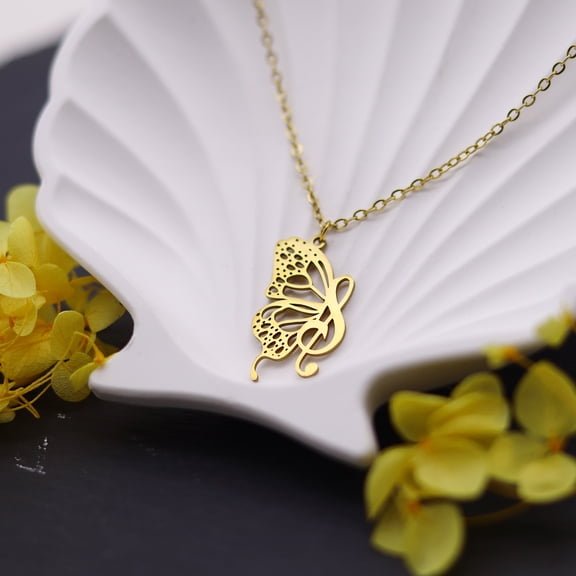 Butterfly Pendant Necklace for Women Stainless Steel Music Note Clavicle Chain Choker Aesthetic Jewelry Musician Gift