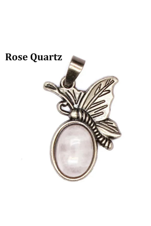 Butterfly Pendant Oval Bead Natural Crystal Chakra Quartz Healing Reiki Jewelry