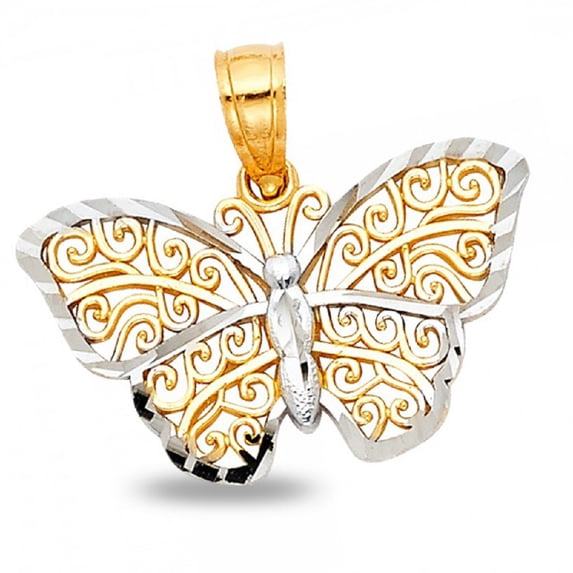 Butterfly Pendant Solid 14k Yellow White Gold Charm Diamond Cut Polished Design Two Tone 13 x 20 mm