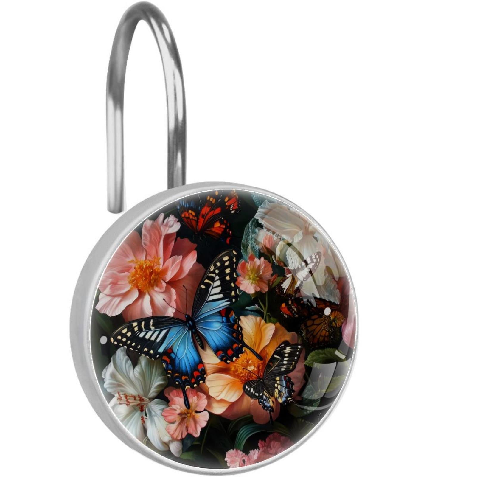 Butterfly Peony Hibiscus Flowers Shower Curtain Hooks Round Crystal Glass, Set of 12 Shower Curtain Rings - Shower Hooks for Curtain Shower Rings