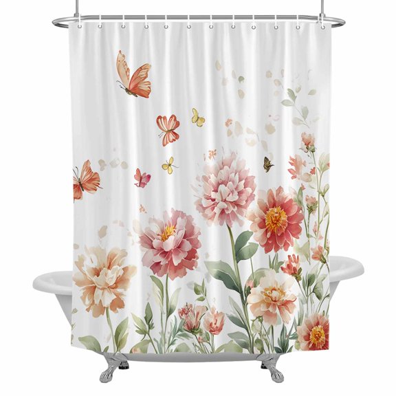 Butterfly Peony Shower Curtain for Bathroom, Watercolor Rustic Plant Waterproof Cloth Fabric Bathroom Accessories Set with 12 Rust Proof Plastic Hooks, 36"x72"
