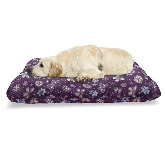 Butterfly Pet Bed, Vortex Shapes Polka Dots Background Flower Pattern Colorful Animal Design, Chew Resistant Pad for Dogs and Cats Cushion with Removable Cover, 24" x 39", Multicolor, by Ambesonne