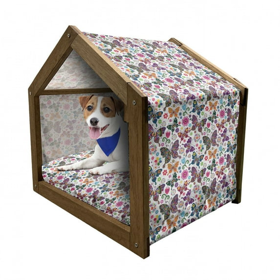 Butterfly Pet House, Sixties and Seventies Inspired Complex Image with Floral Elements and Butterflies, Outdoor & Indoor Portable Dog Kennel with Pillow and Cover, 5 Sizes, Multicolor, by Ambesonne