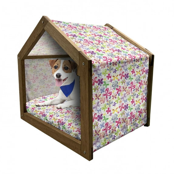Butterfly Pet House, Spring Season Themed Blooming Nature Inspired Flora and Fauna Pattern Swirls, Outdoor & Indoor Portable Dog Kennel with Pillow and Cover, 5 Sizes, Multicolor, by Ambesonne