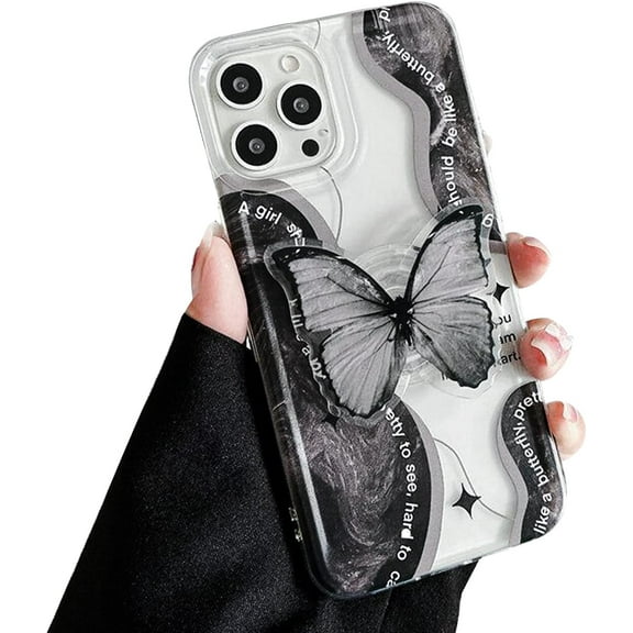 Butterfly Phone Case Compatible with iPhone 12, Korea Cute 3D Black Dream Butterfly Phone Cover with Popsocket Stand for Women Girls