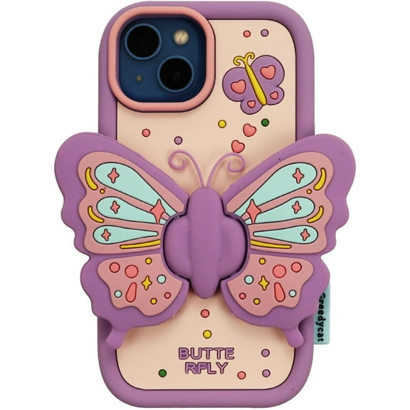 Butterfly Phone Case Compatible with iPhone 13/14/15 6.1 inch, 3D Cute Kawaii Silicone Girls Women Heavy Duty Cover with Kickstand Purple