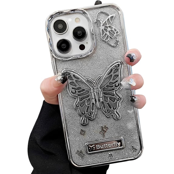 Butterfly Phone Case Compatible with iPhone 13/14, Luxury Glitter Cute 3D Hollow Clear Silver Electroplate Butterfly Phone Cover with Hold Stand